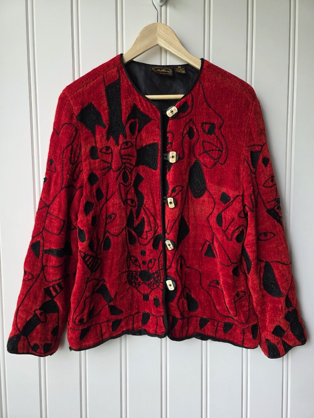 Vintage Allure Boutique Embroidered Art To Wear Cat Cardigan Jacket Red Medium